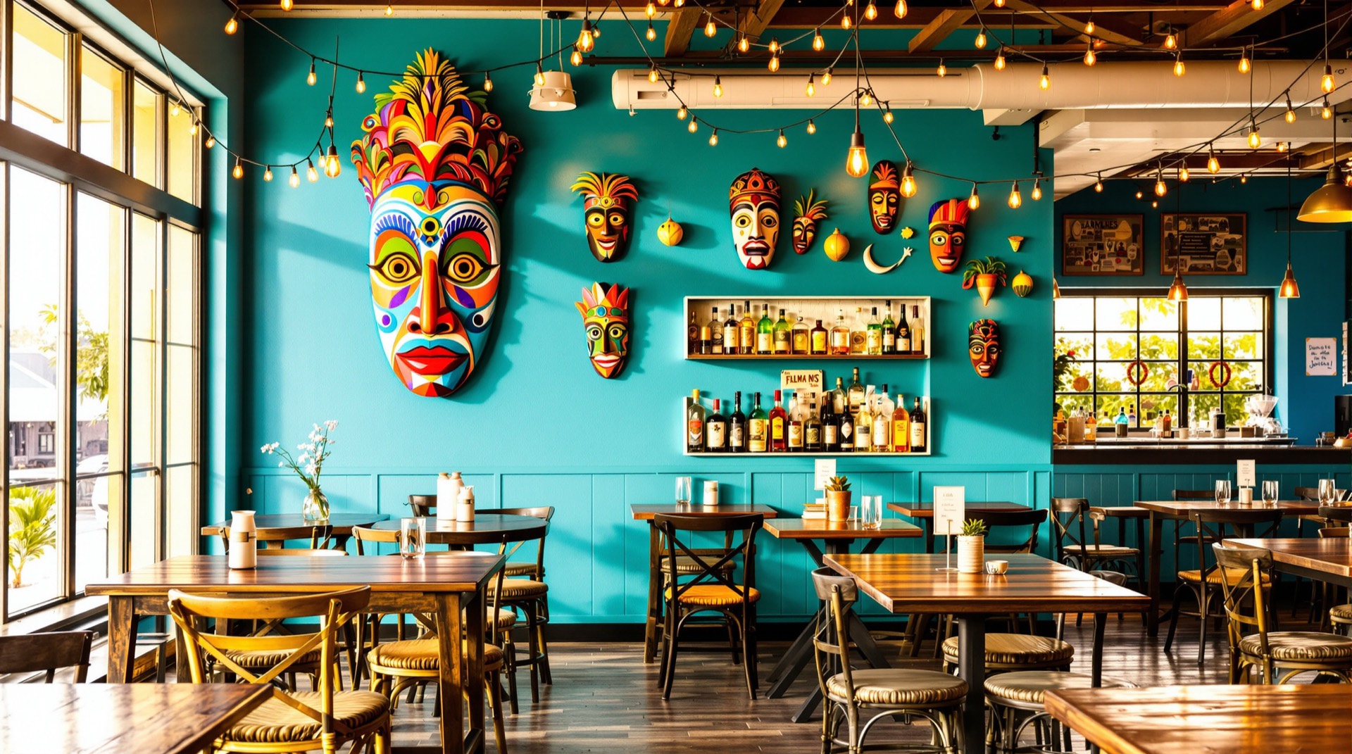 La Isla Cuisine dining room with vejigante masks and Caribbean decor