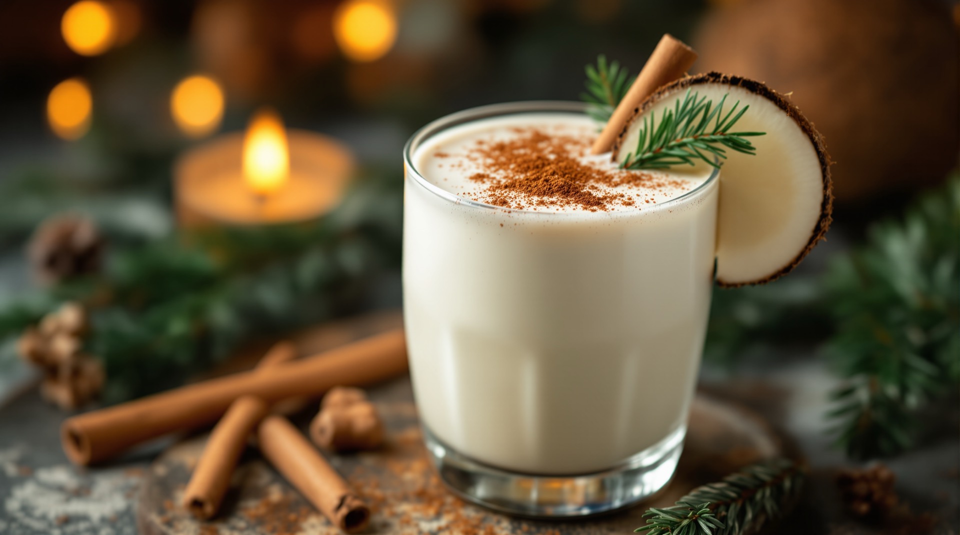 Glass of house-made coquito dusted with cinnamon at La Isla Cuisine