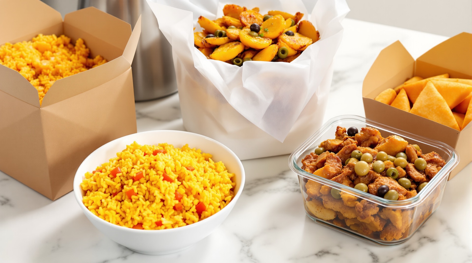 Puerto Rican takeout from La Isla Cuisine packed for delivery
