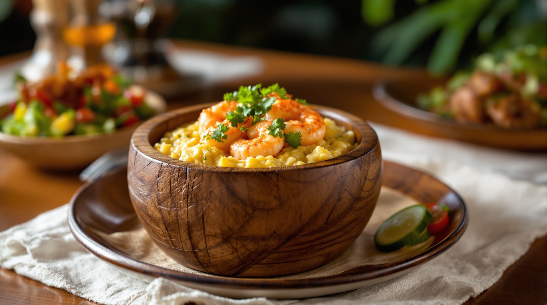 Mofongo with camarones served in a wooden pilón at La Isla Cuisine